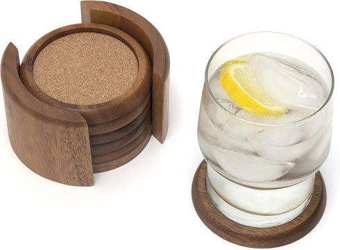 Lipper International Acacia Round with Cork Coasters and Caddy - 7-Piece Set
