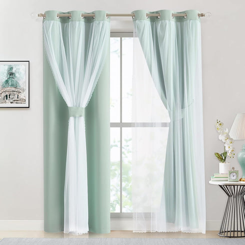 80% 84 inch Grommet 37"Wx84"Lx2 Bujasso Aqua Blackout Curtains with Sheer Overlay Mix and Match Double Layer Thermal