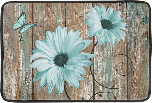 Rustic Daisy Dish Drying Mat, 18x24 Inch Fast Drying Kitchen Countertop Pad with Teal Sunflowers on Wooden Board