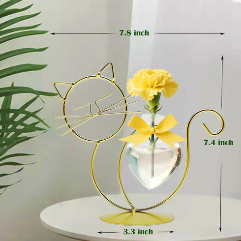 LEAHPENG Cat-7.4inch) Desktop Glass Planter Vase Holder, Metal Stand Creative Cat Plant Terrarium for Hydroponics
