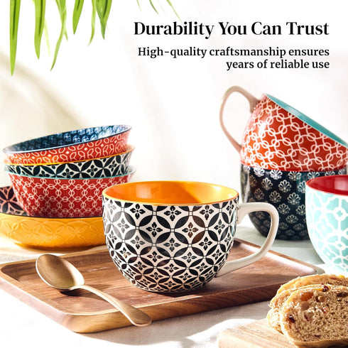 24oz Set 4, DOWAN Mosaian Soup Mugs, Large Coffee Mugs of Soup Mugs With Handles, Ceramic Mugs