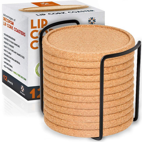 12 Set Cork Coasters with Lip for Drinks, 4 Inch Thick Rustic Saucer with Metal Holder, Heat & Water Resistant