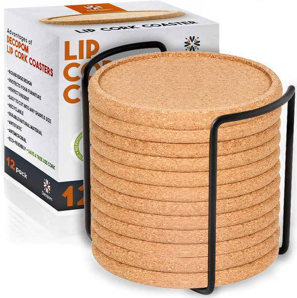 12 Set Cork Coasters with Lip for Drinks, 4 Inch Thick Rustic Saucer with Metal Holder, Heat & Water Resistant