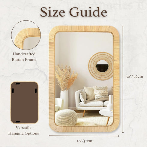 30'' 20" PERFNIQUE Rattan Mirror, x Rectangle Boho Bathroom Mirror, Decorative Wall Nursery Decor, Rustic Farmhouse