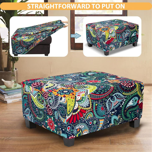 Ottoman Cover Rectangle Printed,Stretch Slipcover for Rectangular Footstool,Soft Fabric with Non-Slip Elastic