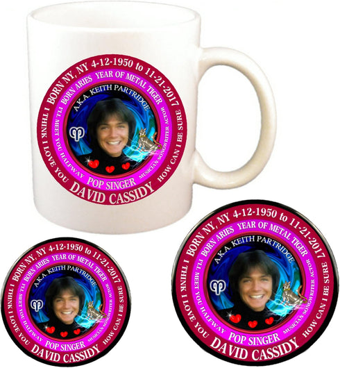 David Cassidy 70's Singer Cup + Magnet + Pin, Astrology Aries Zodiac Metal Tiger