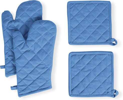 Native Fab 4-Piece Kitchen Pot Holders and Oven Mitts Set - Heat Resistant, Non-Slip, 100% Cotton - Blue