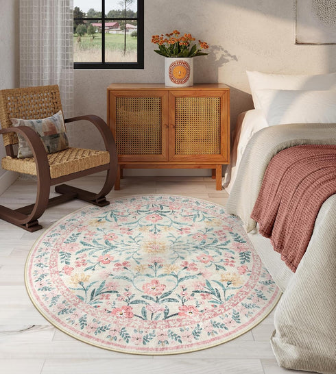 4ft, Lahome Sylvie Boho Light Pink Round Rug Washable Small Circle Rugs for Bedroom Kids, Pink and Green Nursery