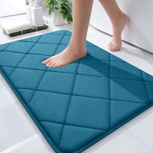 OLANLY Memory Foam Bath Mat 30x20, Ultra Soft Absorbent Bathroom Rug, Machine Washable Peacock Blue