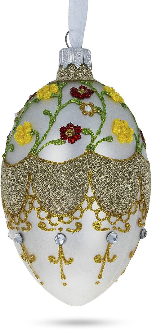 Multicolor Flowers on White Glass Egg Ornament, 4 Inches