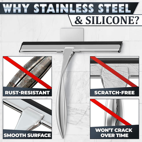 12" Shower Door Squeegee with Adhesive & Hanging Hooks, Silicone Blade - Stainless Steel All-Purpose Squeegee