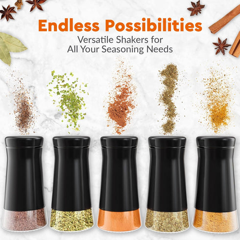 HOME EC Original Salt and Pepper Shakers Set - Black Spice Dispenser with Adjustable Pour Holes for Salts and Ground