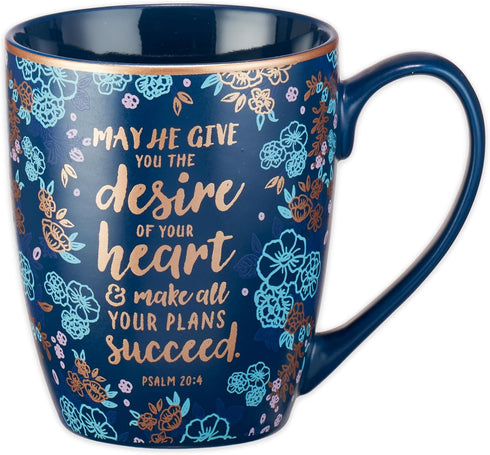 Christian Art Gifts Blue Bible Verse Mug, Floral Faith Ceramic Coffee Mug w/Gold Trim & Psalm 20:4