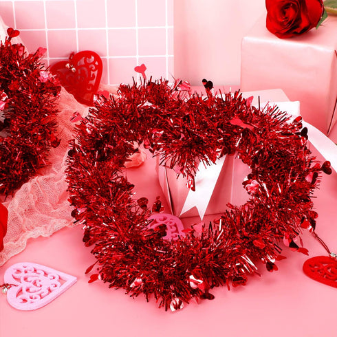 Boao 66 Feet Red Heart Tinsel Garland Decoration, Shiny Metallic Ornaments for Valentine's Day Wedding