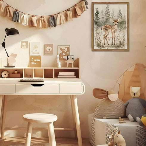 Set 3, 12x16 inch Framed Woodland Wall Art Nursery Decor of Cute Wild Animals Bear Fox Deer Canvas Wall Art, Nature