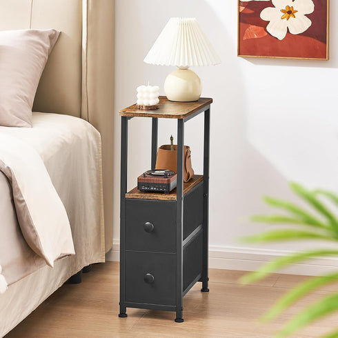 DALEMHOME 2 HKET1200BR End Table, Narrow Side Table with Fabric Drawers, Slim Nightstand, Small Bedside Table