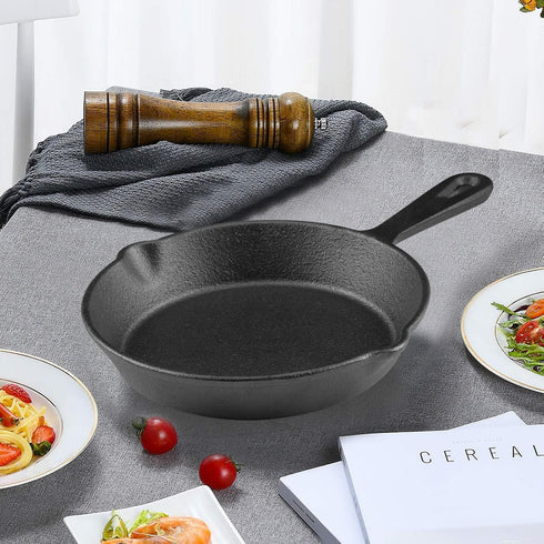 6 Inch Cast Iron Skillet, Pre-seasoned Frying Pan with Drip-Spouts for Indoor and Outdoor Cooking