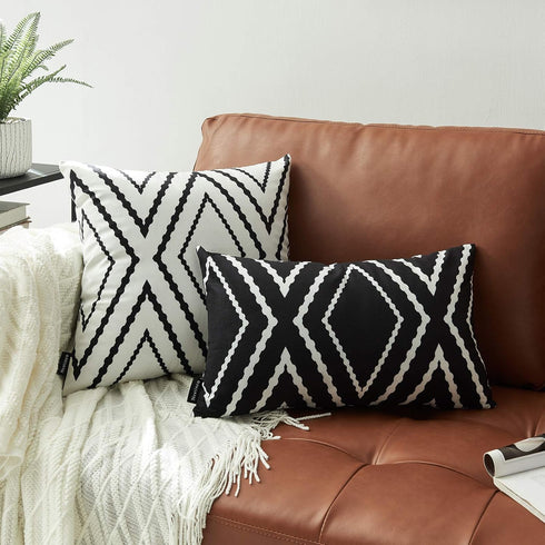 Set of 2 White Pillow Covers, 20 x 20 inches, Boho Aztec Polyester Blend Decorative Throw Pillow Covers