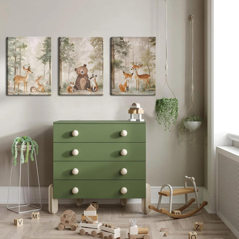 Set 3 12x16 inch Nursery Canvas Wall Art of - Woodland Wild Animals Bear Fox Deer Watercolor Paintings Pictures Wall