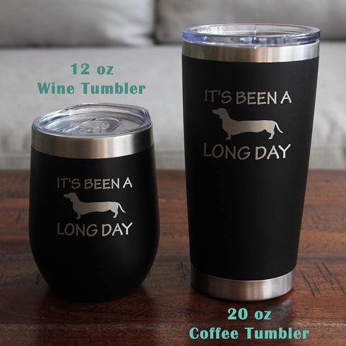Been a Long Day Dachshund Wine Tumbler with Sliding Lid - Stemless Stainless Steel Insulated Cup, Purple