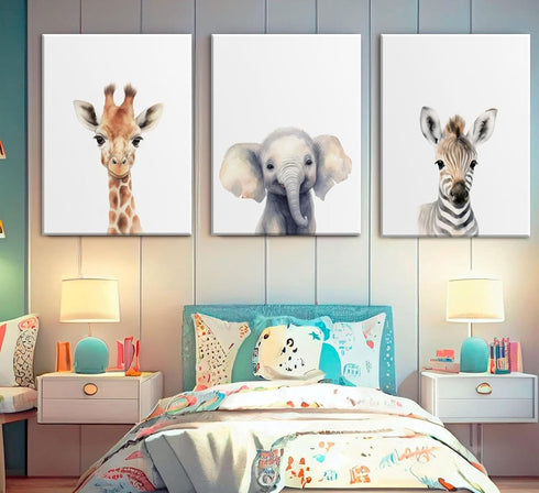 Set 3 12x16in Framed Kid'S Room Animals Wall Art Pictures of Cute Giraffe Zebra Elephant Canvas Prints Woodland Nursery
