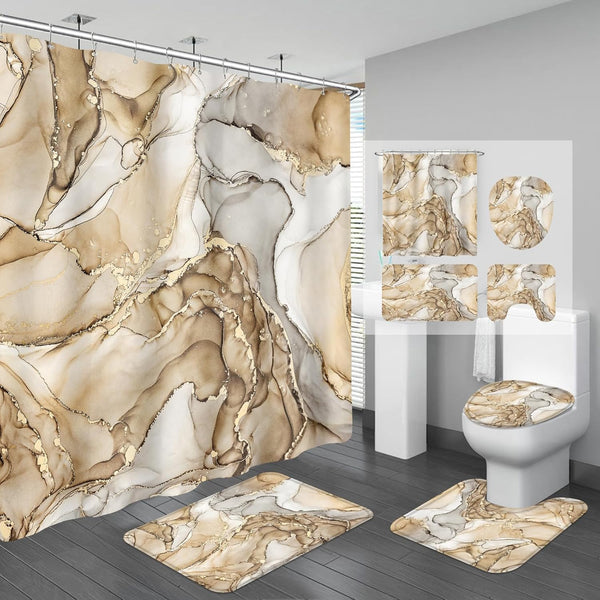 4PCS Beige Marble Bathroom Sets with Shower Curtain and Rugs, Abstract Shower