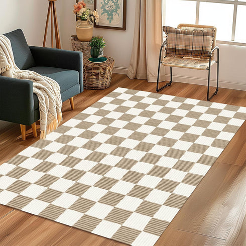 3' 5' Checkered Brown Area Rug Washable Large Living Room Rug Geometry Neutral Line Non-Slip Soft Bedroom Carpet Dining