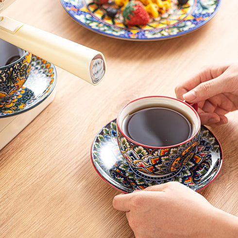 8.5 oz Set, Set 6, Henten Home Cappuccino Cup and Saucers Ceramic Coffee Cup of Bohemian Cup for Latte, Tea, Hot Cocoa
