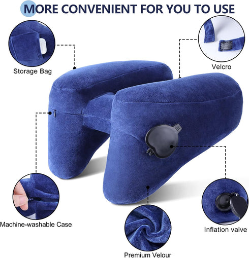 Sunany Neck Pillow for Travel - Inflatable Airplane Pillow with Soft Velour Cover and Portable Drawstring Bag (Blue)