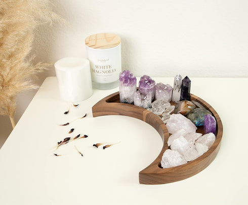 Room Decor Jewelry Organizer - Walnut Wood Tray with Spiritual Accents, Boho Gothic Style, Trinket Dish, Moon Shaped