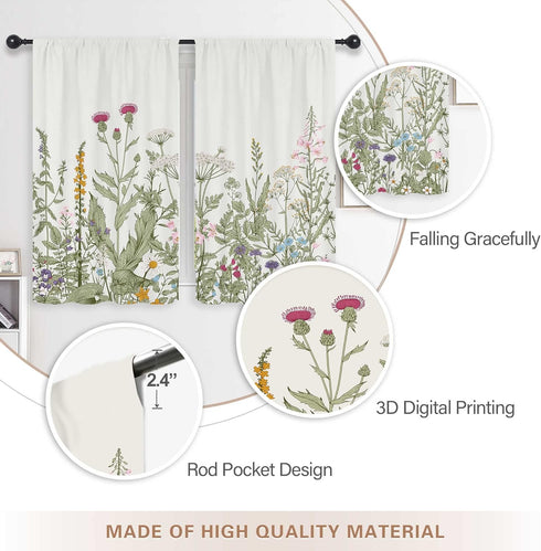 Riyidecor Light Green Leave Plant Small Kitchen Curtains, Floral Botanical Rod Pocket Farmhouse Cafe Treatment Fabric