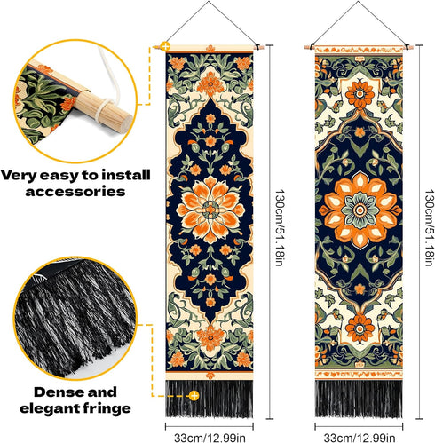 2 13"x51", BVBOX PCS Vertical Floral Tapestry Ottoman Aesthetic Long Vertical Wall Hanging Black Tassel Tapestries Home