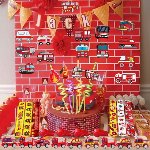 CHSLtmxq Set 110 Fire Truck Party Favors - Pcs with Firefighter Stickers, Slap Bracelets, Drinking Straws & More