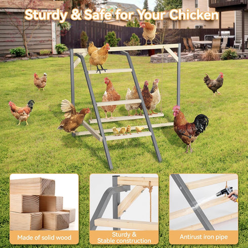 PETSFIT Chicken Perch for Coop-Solid Wood and Rustproof Iron Roosting Bar with Swing - Ideal for Backyard Poultry