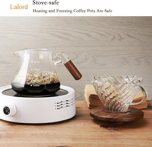 Pour Over Coffee Maker, 20 oz Borosilicate Glass Set with 100 pcs V60 Paper Filter, Walnut Collar