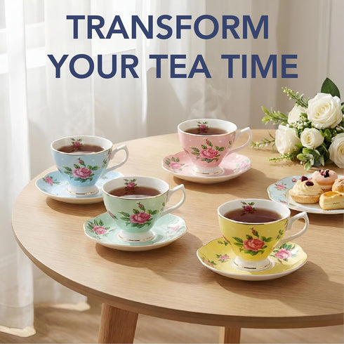 Set 4, 8 oz, Set BTaT- Floral Tea Cups and Saucers, of Fine Porcelain Teacup with Gold Trim for Afternoon Tea