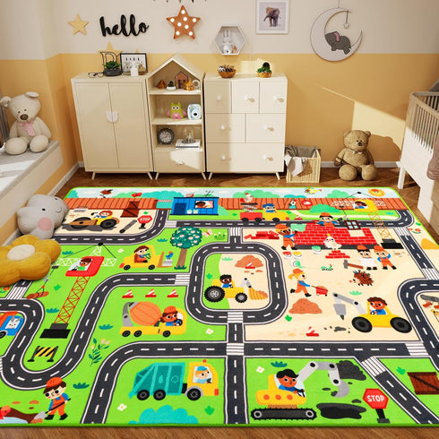 Mfmiudole Kids Rug Play Mat for Toy Cars, 59"39.4" Construction Site Road Traffic