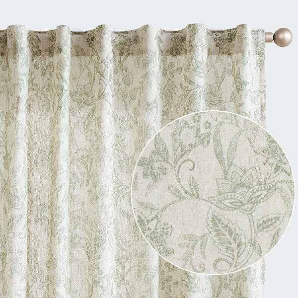 Lazzzy Linen Curtains Farmhouse Green Floral Print Curtains 84 Inches Long Back