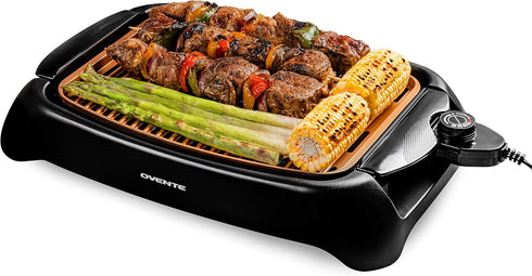 OVENTE Electric Indoor Grill, 13x10 Inch Non-Stick Surface, 1000W Fast Heat, Adjustable Temperature, Dishwasher Safe