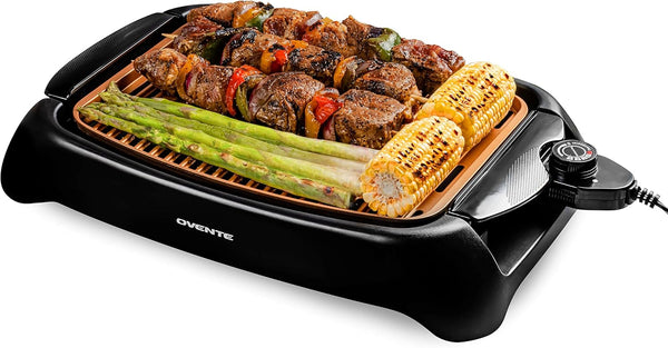 OVENTE Electric Indoor Grill, 13x10 Inch Non-Stick Surface, 1000W Fast Heat, Adjustable Temperature, Dishwasher Safe