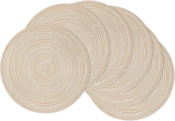 SHACOS 15 Inch Round Braided Placemats, Set of 6, Non-Slip Heat Resistant, Beige