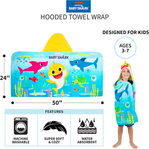 Franco Baby Shark Soft Cotton Terry Hooded Towel Wrap, 24 in x 50 in, Kids Bath/Pool/Beach