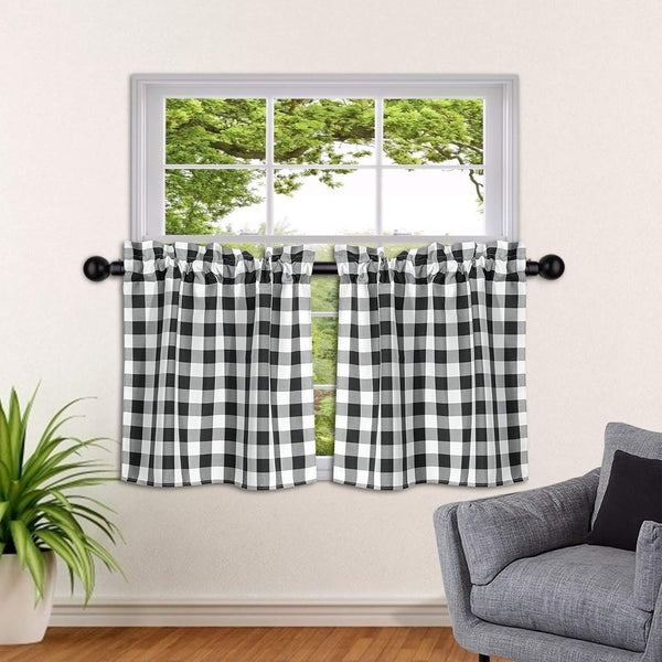 SEEYE Farmhouse Kitchen Curtains - Buffalo Plaid Tiers for Windows, Light Filtering, 27” W x 24” H, 2 Pcs, Black