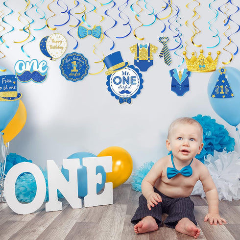 30 Pieces Mr Onederful Boys 1st Birthday Decorations - Blue and Gold Hanging Foil Swirls for Baby Boy First Birthday