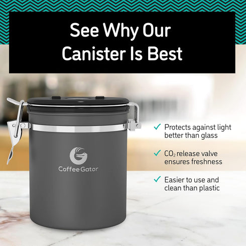 Coffee Gator Coffee Canister, 22oz, Airtight Stainless Steel Kitchen Food Storage Container, Silver, with Date Tracker