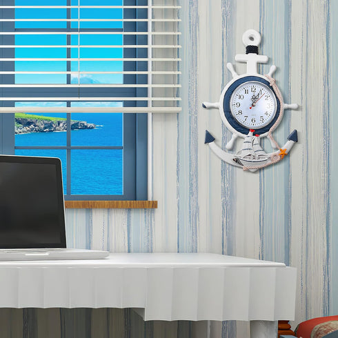 Sea Theme Nautical Anchor Steering Wheel Wall Clock, Suit for Hanging Decoration and Wall Mounted Ornament