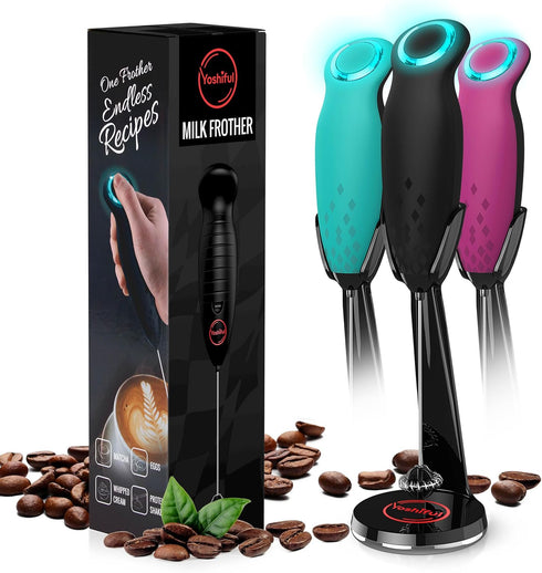 Milk Frother for Coffee with Deluxe Stand, Handheld Foam Maker for Lattes, Electric Whisk for Cappuccino