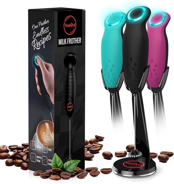 Milk Frother for Coffee with Deluxe Stand, Handheld Foam Maker for Lattes, Electric Whisk for Cappuccino