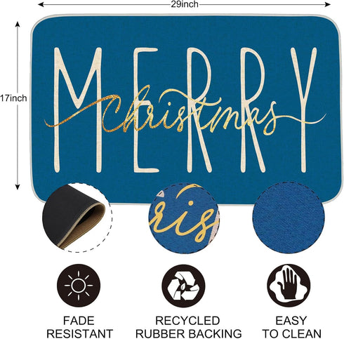ONWAY Merry Christmas Doormat 17.5 x 29 Inch Blue Gold Low-Profile Indoor/Outdoor Seasonal Floor Rug
