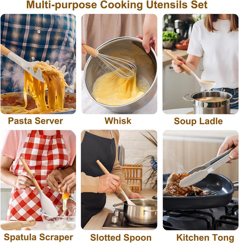 LIANYU 15-Piece Kitchen Cooking Utensils Set with Holder, Silicone Tools for Nonstick Cookware, Khaki
